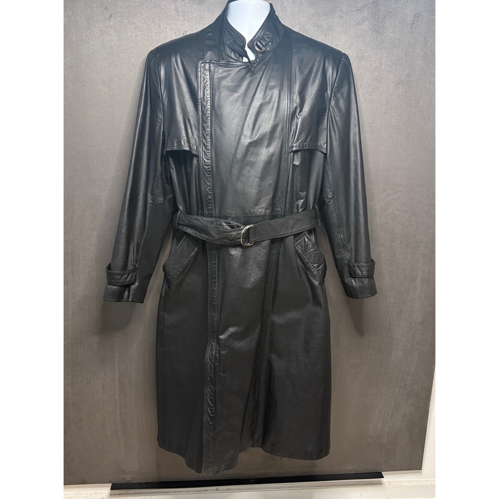 Vtg Bermans Leather Trench Coat Mens 44 Black Belted Zip Front Long 90s Goth